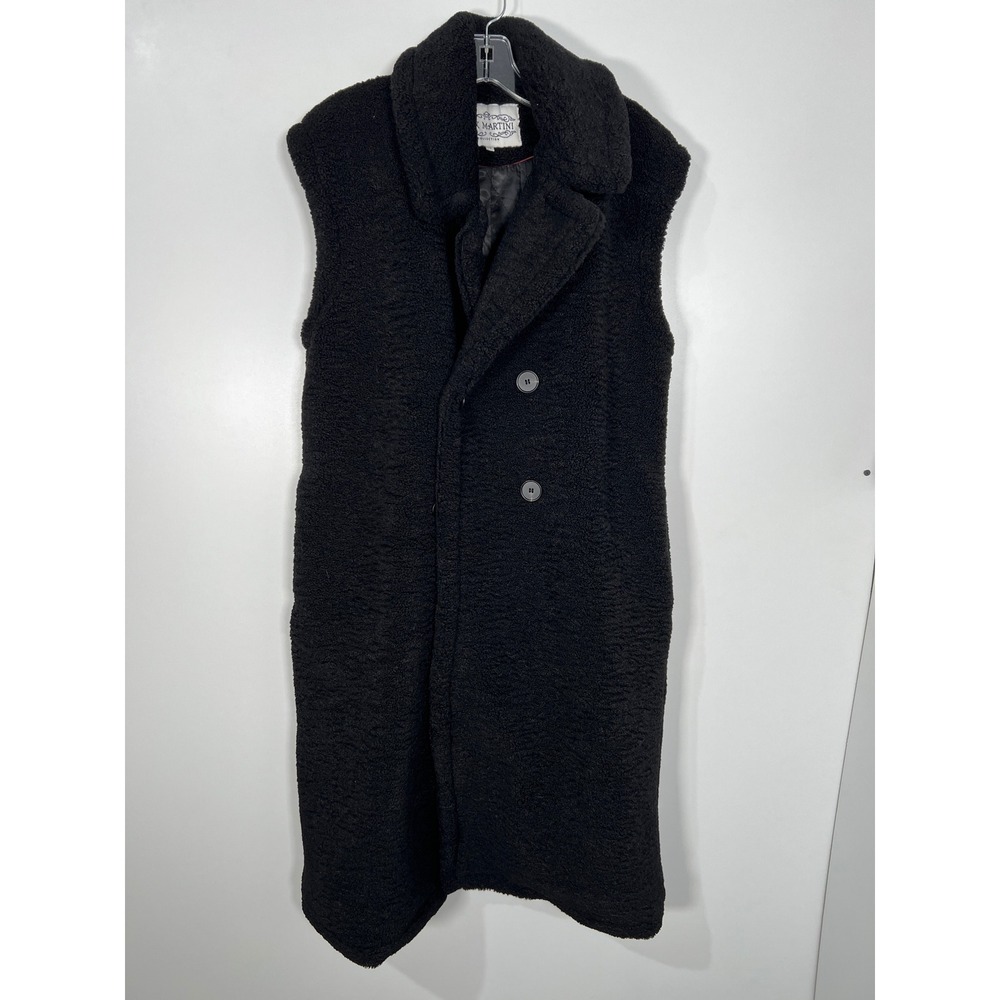 Pink Martini Black Solid Faux Shearling Long Vest Double Breasted Cozy Chic XS